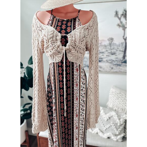 Meadowspell Wanderlust boho woven cropped crocheted bell slv cardigan - Picture 1 of 3